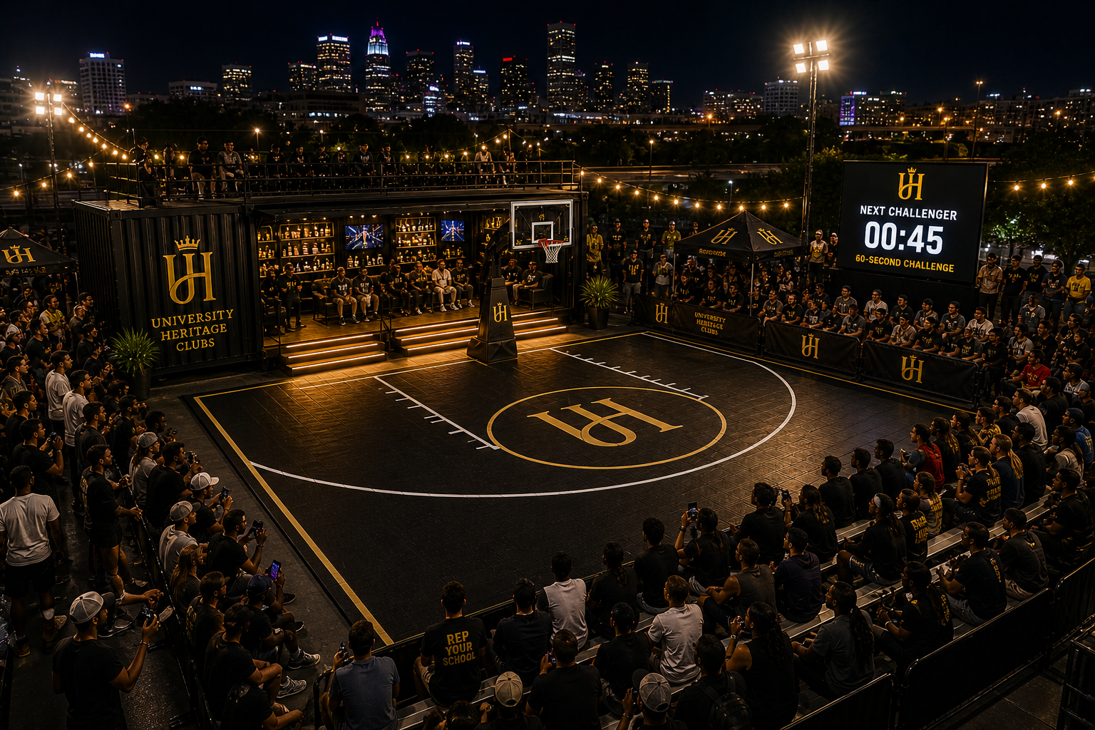 University Heritage Clubs League of Shooters night activation court with skyline, jumbotron, and crowd